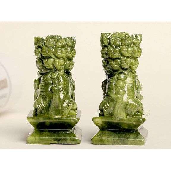 Pair of Jade Hand Carved Guardian Lions Feng Shui