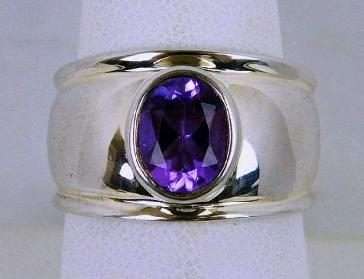 Wide Sterling Silver Amethyst Ring, Size 8.5