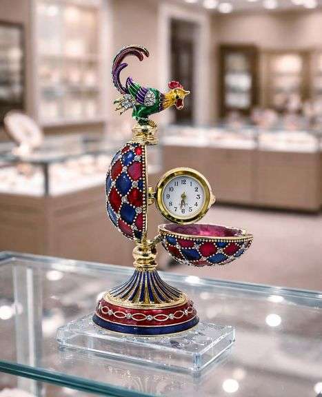 Gold-Plated with Austrian Crystals Royal Rooster Clock Egg