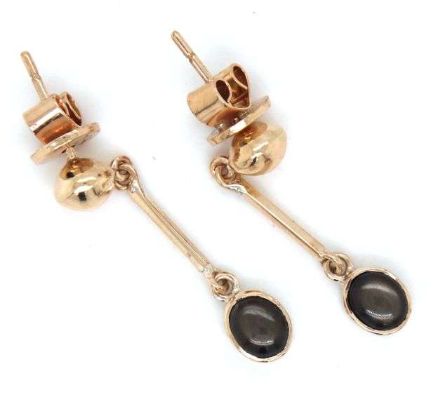10kt Yellow gold black star sapphire cab dangle earrings