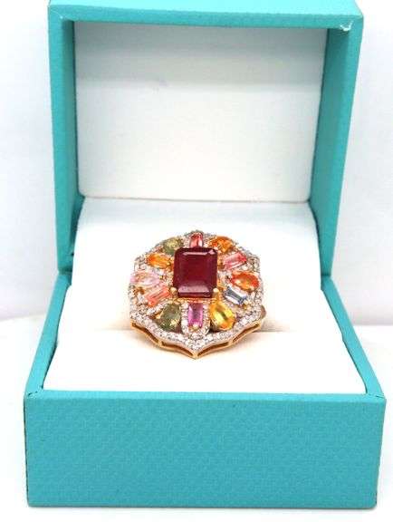 Fantastic 12.55CTS Emerald-Cut Ruby, 9.30CTW Multi-Colored Tourmaline & 2.80CTW Diamond Ring in 14K 