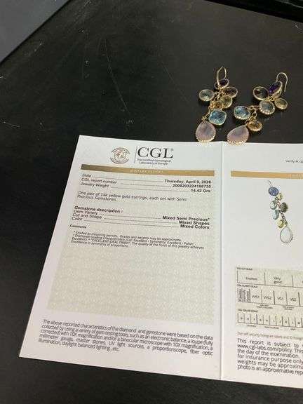 CERTIFIED 14K YELLOW GOLD DROP EARRINGS WITH MULTIPLE GEMSTONES
