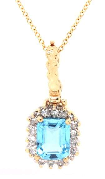 14kt Yellow gold Emerald cut blue topaz and diamond halo enhancer pendant on chain