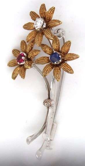 Sweet 18K W&Y Gold Floral Brooch with Stones