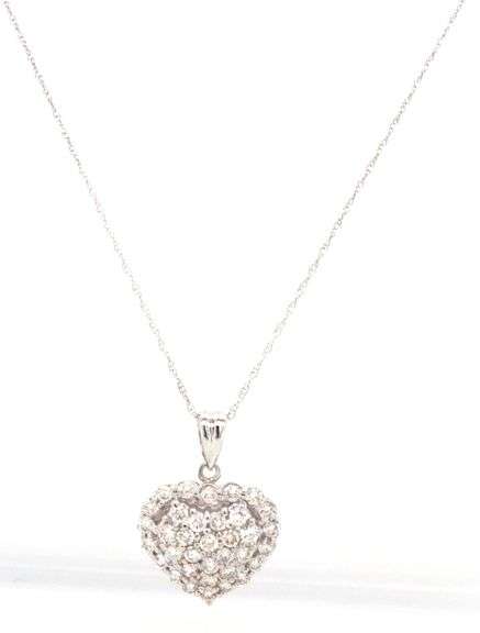 14kt White gold 1ctw Pave halo diamond heart shaped pendant on chain