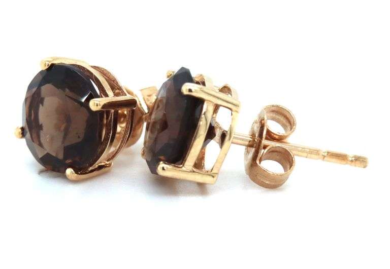14kt Yellow gold round smokey quartz stud earrings
