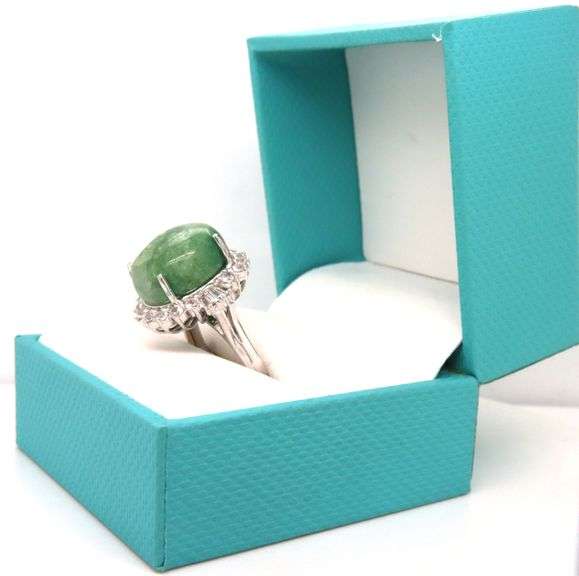 Fantastic Large 11.36CTS Oval Cabochon-Cut Natural Emerald & 1.14CTW Round & Baguette White Sapphire