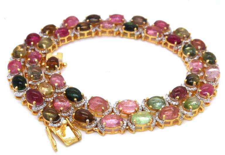 Inspiring Brand New European 38.00CTW Oval Cabochon-Cut Multi-Colored Tourmaline & 3.00CTW Diamond N
