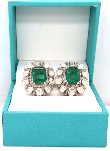 Adorable 4.22CTW Faceted Lab Emerald & Diamond Earrings in Sterling Silver