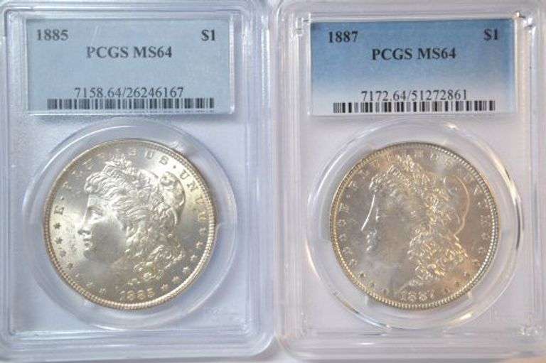 Super white near Gem BU 1885 & 1887 Morgan Silver Dollars. PCGS MS64