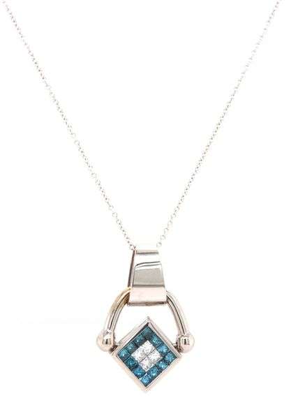 14kt White gold 1.60ctw white and IR blue diamond cluster flip pendant on chain