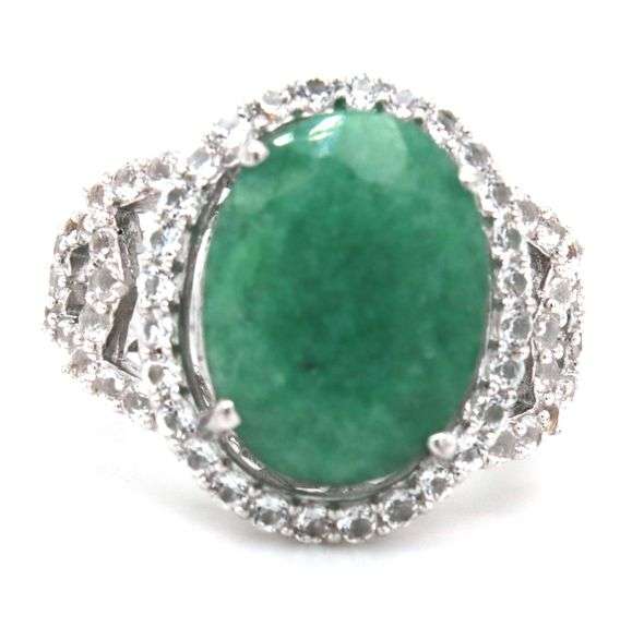 Darling 8.63CTS Oval Faceted Natural Emerald & 1.22 White Sapphire Ring in Sterling Silver
