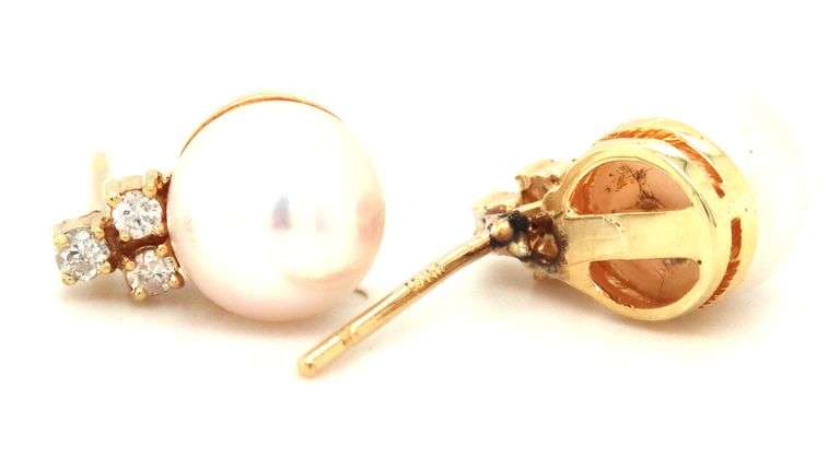 14kt Yellow gold 7mm pearl and diamond accent earrings