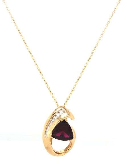 14kt Yellow gold Trillion garnet and channel set diamond slide pendant on chain