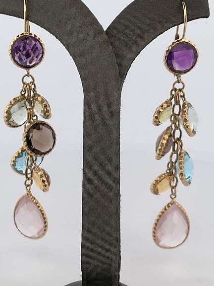 CERTIFIED 14K YELLOW GOLD DROP EARRINGS WITH MULTIPLE GEMSTONES
