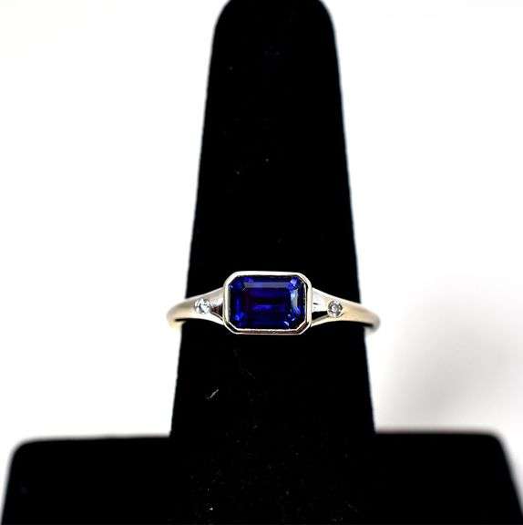 Elegant 14K White Gold Synthetic Sapphire Gemstone Ring with Diamond Accents