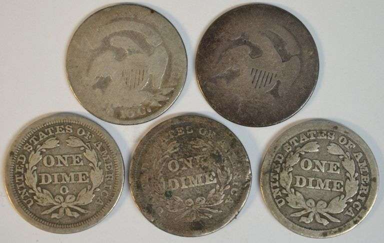 Lot of 5 old circulated Bust and Seated Dimes 1834 to 1853-O Arrows