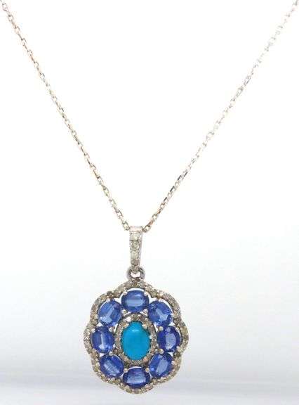 Charming 3.50CTW Kyanite, Diamond & Turquoise Pendant Necklace in Sterling Silver
