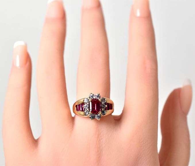 Classic 10K Yellow Gold Synthetic Ruby Gemstone Ring with Diamond Accents