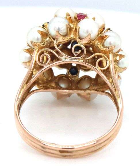 12kt Yellow gold pearl and multi gemstone cluster dome ring