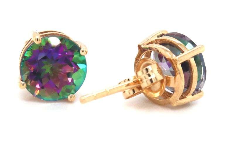14kt Yellow gold round mystic topaz stud earrings