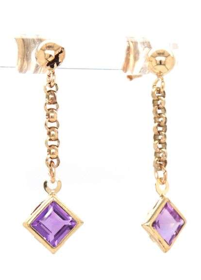 14kt Yellow gold square Amethyst chain drop earrings