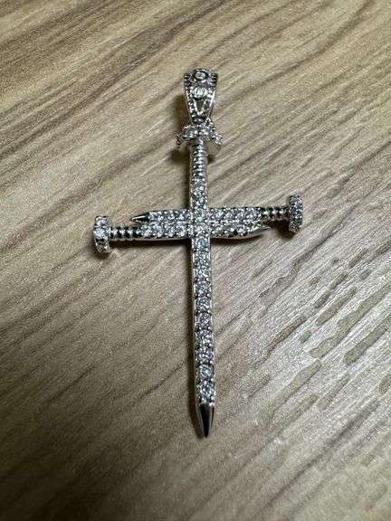 Rhodium Plated 925 Sterling Silver Nail Cross Moissanite Pendant