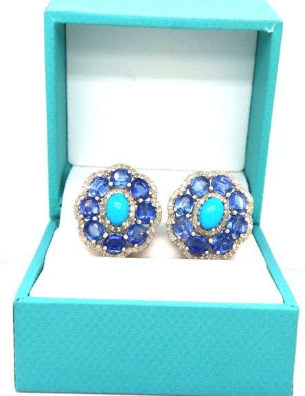 Adorable Pair of Cabochon-Cut Turquoise, Faceted Kyanite & Diamond Flower Style Earrings in Sterling