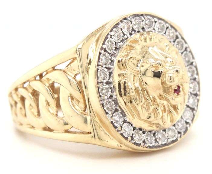 14kt Yellow gold Illusion set diamond halo lion ring with ruby