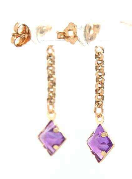 14kt Yellow gold square Amethyst chain drop earrings