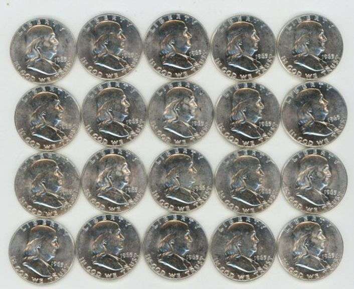 Blazing-white BU Roll of 20 1963 silver Franklin Half Dollars