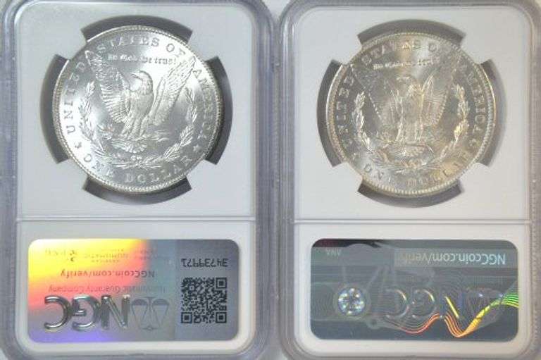 Super white near Gem BU 1885 & 1885-O Morgan Silver Dollars. NGC MS64