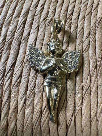 10K Yellow Gold Angel Pendant with Clear CZ Stones