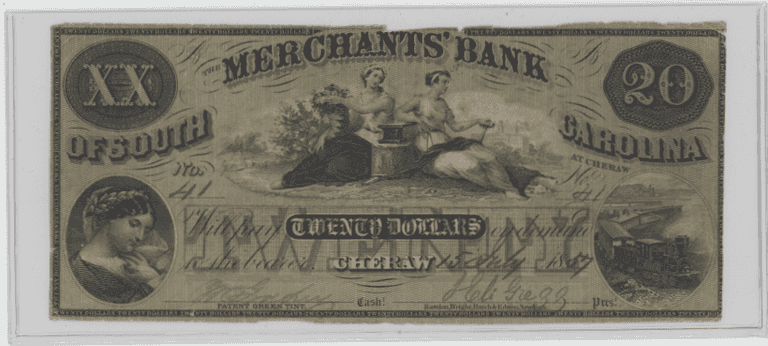 $20 Merchants Bank of South Carolina Obsolete Note – Large XX – Civil War Era Currency