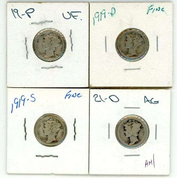 1919-P, 19-D, 19-S, & rare 1921-D Mercury Dimes