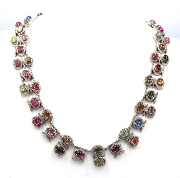 Breathtaking 25.00CTW Oval Cabochon -Cut Multi-Colored Tourmaline & 4.5CTW Diamond Necklace in 14K W