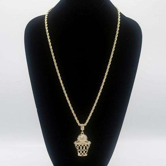 14 Kt Yellow Gold Plated Basketball Hoop Pendant Necklace