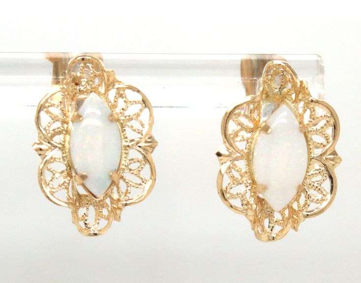 14kt Yellow gold marquise Opal Filigree stud earrings