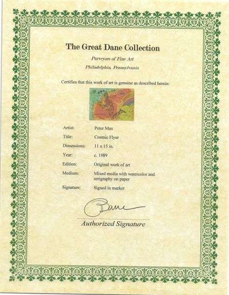 Rare Peter Max Original Mixed Media with Watercolor 'Cosmic Flyer', c. 1989