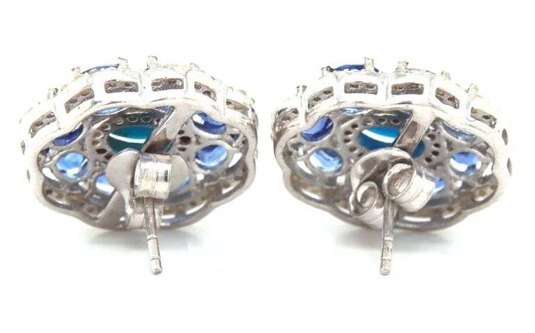 Adorable Pair of Cabochon-Cut Turquoise, Faceted Kyanite & Diamond Flower Style Earrings in Sterling