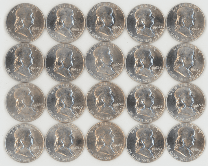 Flashy BU Roll of 20 mixed 1963 and 1963-D Franklin Half Dollars