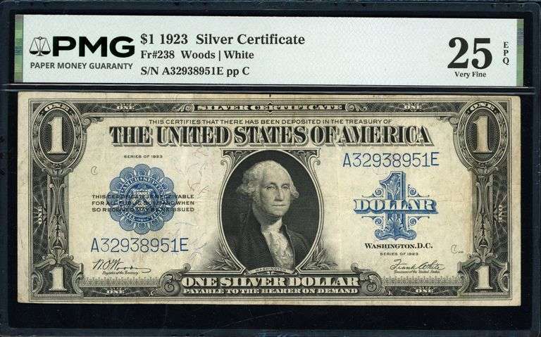 1923 $1 Silver Certificate “Horse Blanket” Fr. 238 Woods/White PMG 25 EPQ Very Fine