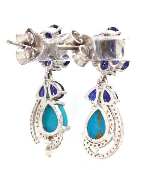 Enamoring 4.00CTW Pear Shaped Faceted Sapphire, 2.40CTW Cabochon-Cut Turquoise & Diamond Dangle Earr