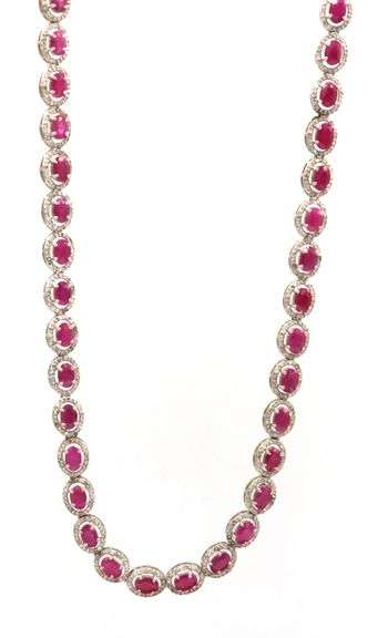 Gorgeous 36.00CTW Oval Faceted Ruby & 6.00CTW Diamond of 21.5 Inches Necklace in 14K White Gold Over