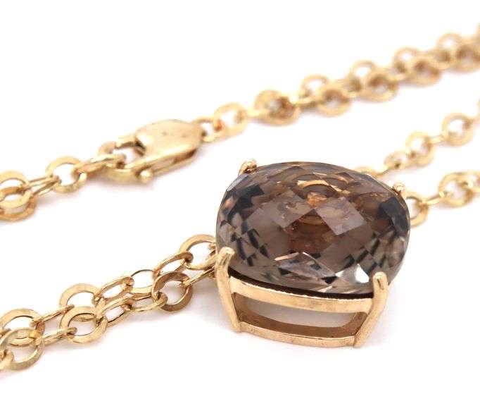 14kt Yellow gold Cushion smokey quartz pendant on 2 row cable chain necklace