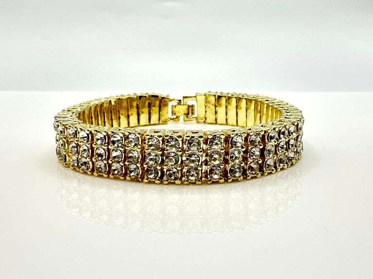 14 Kt Yellow Gold Plated 3 Row Simulated Diamond Tennis Bracelet