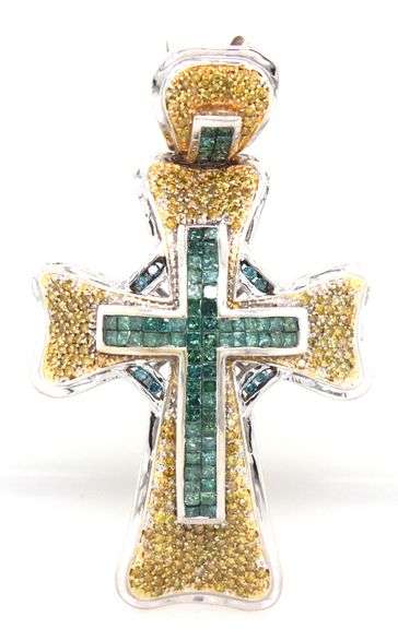 Impressive 14K WG Cross Pendant with Colored Diamonds