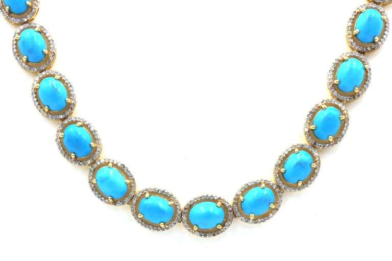 Dreamy 64.50CTW Oval Cabochon-Cut Turquoise & 5.50CTW Diamond Necklace in 14K Yellow Gold Over Sterl