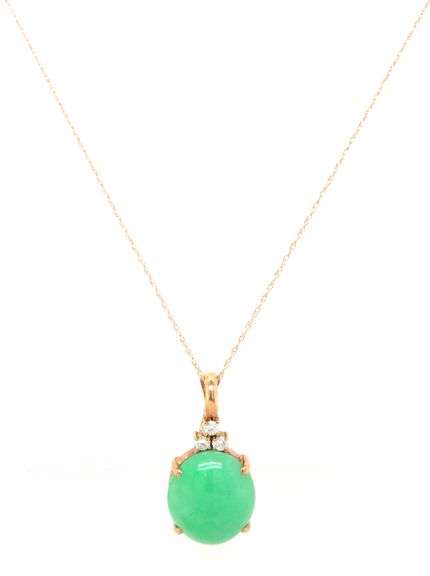 14kt Yellow gold green Jade and diamond pendant on chain