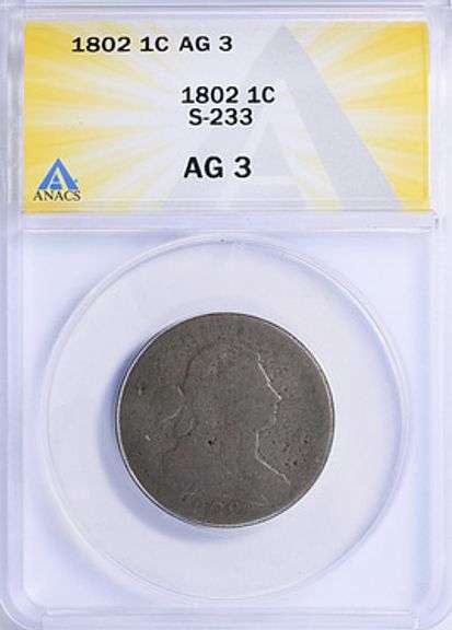 1802 Draped Bust Large Cent S-233 ANACS AG-03 BN Early U.S. Copper Sheldon Variety